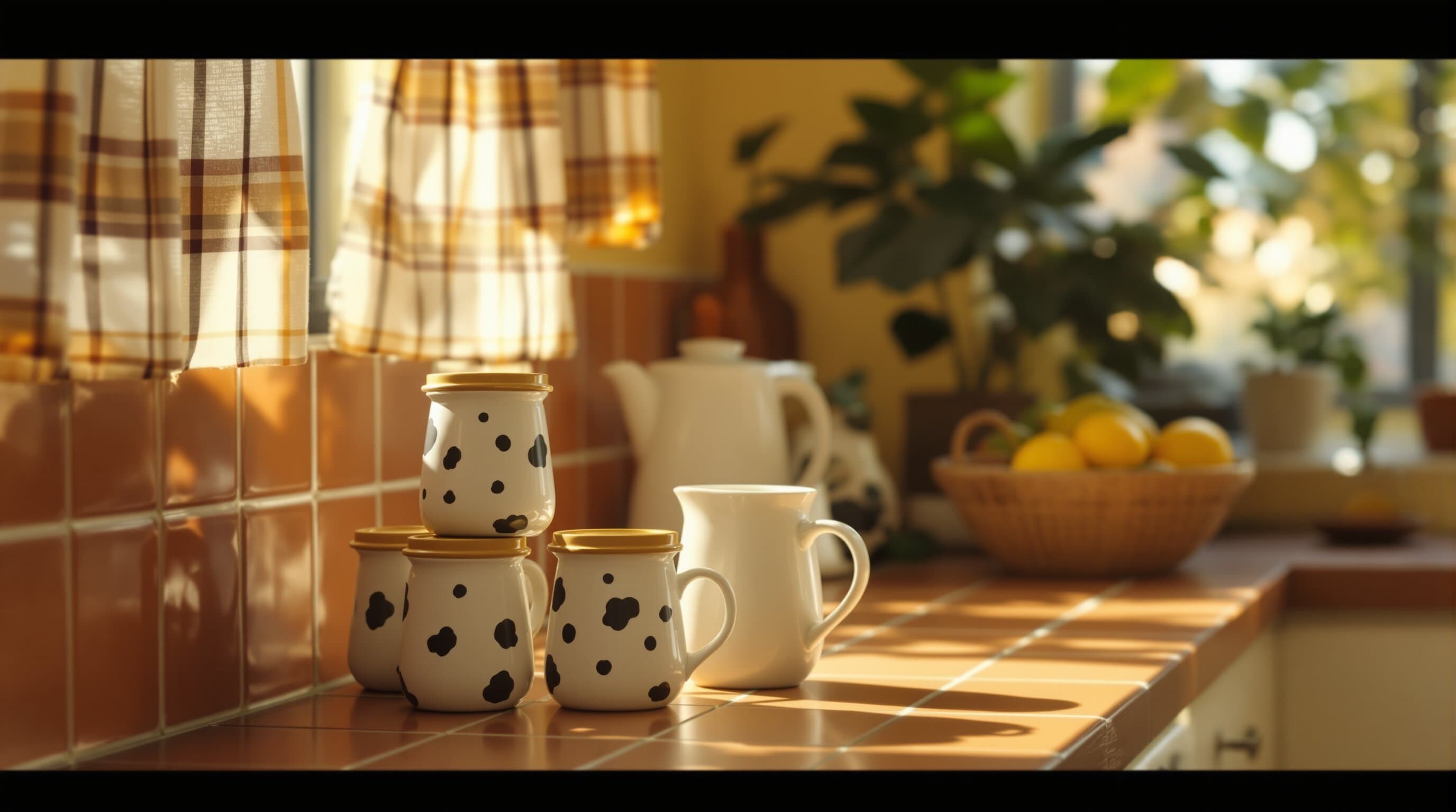 Vintage cow-spotted creamware on a sunny kitchen counter